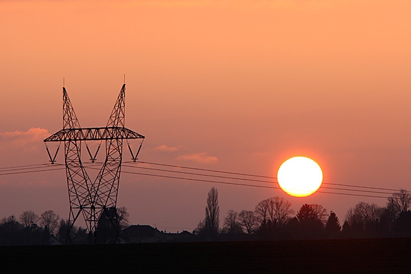 France,Champagne-Ardennes,Marne,Esternay area,overhead power line at dusk